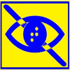 Modré prečiarknuté oko na žltom pozadí, v ktorého zreničke je žlté písmeno t v Braillovom písme